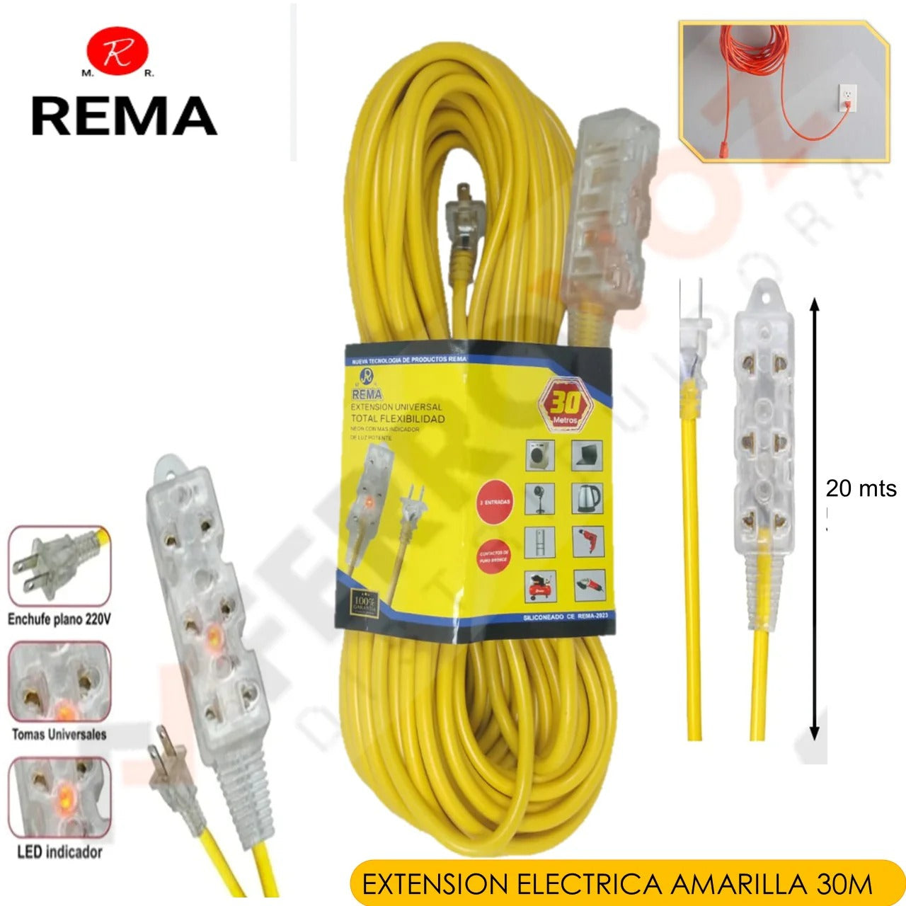 EXTENSION ELECTRICA VULCANIZADA AMARILLA 30 MT. "REMA"