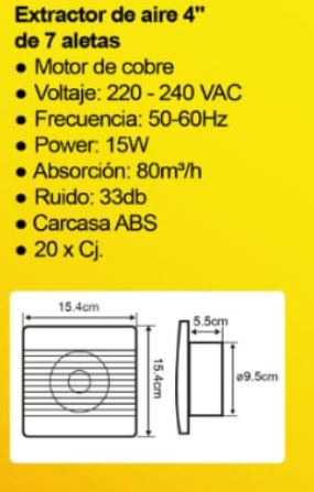 EXTRACTOR DE AIRE 6" 80 m3 x hora 15 W "OPALUX"