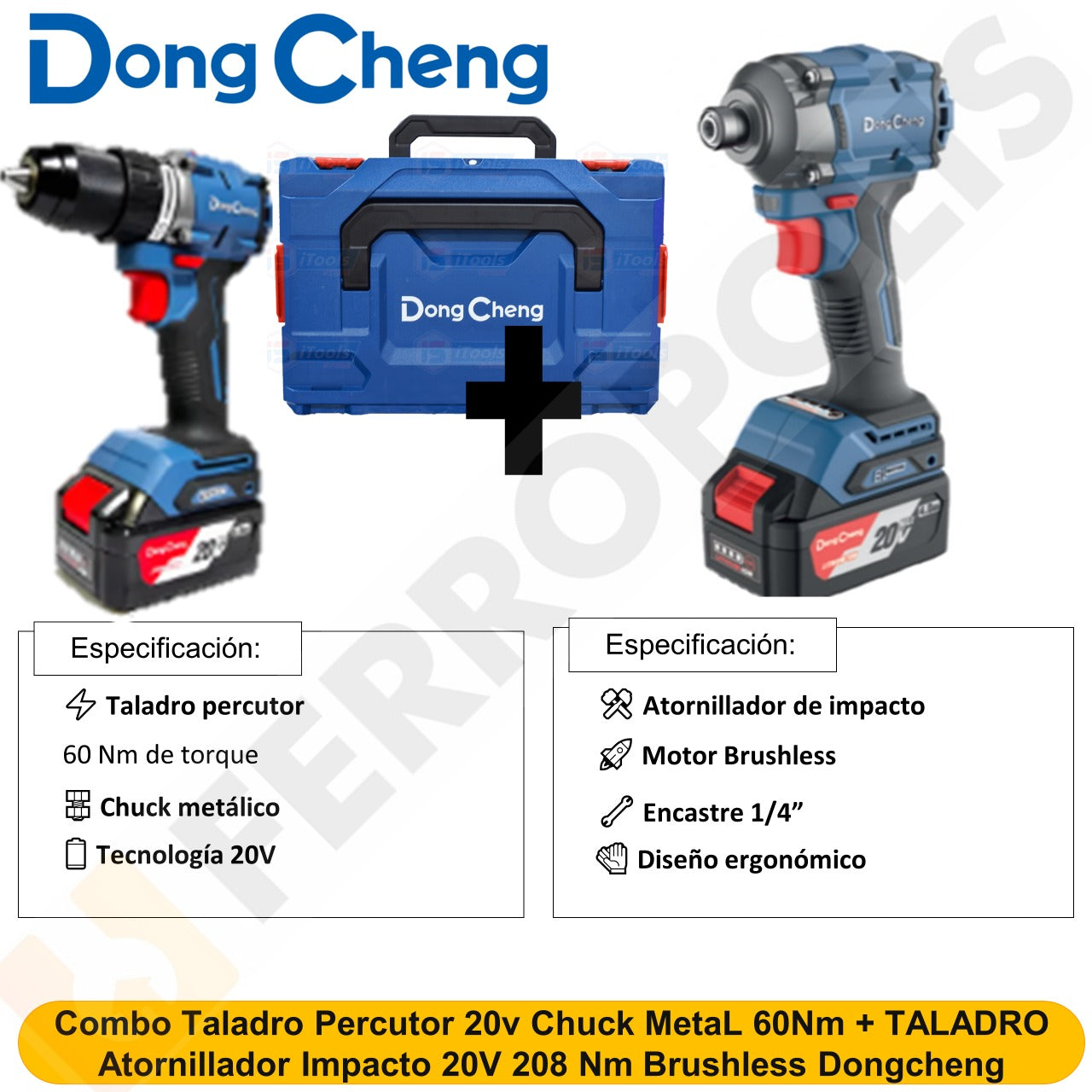Combo Taladro Percutor 20v Chuck MetaL 60Nm DCJZ2060I + TALADRO Atornillador Impacto 20V 208 Nm Brushless DCPL208 Dongcheng