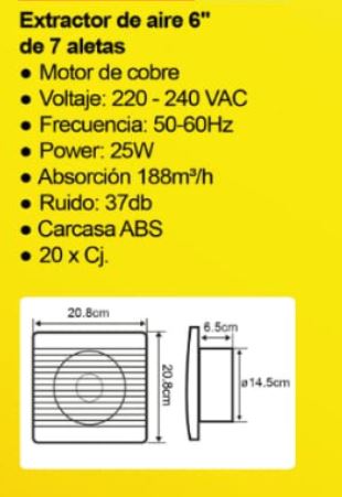 EXTRACTOR DE AIRE 6" 188 m3 x hora 25 W "OPALUX"