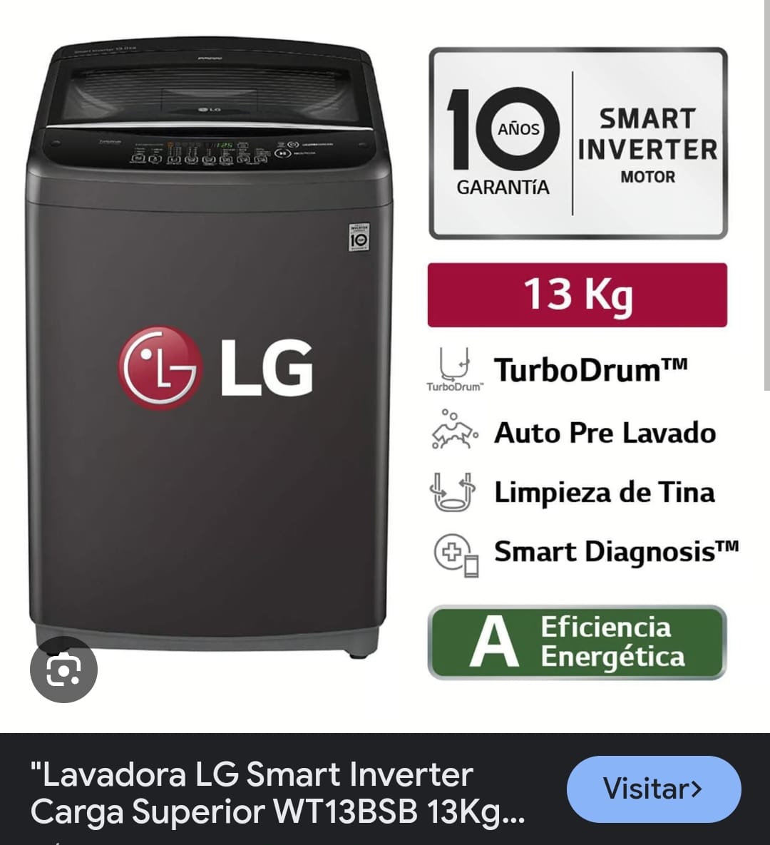 LAVADORA 13 KG CARGA SUPERIOR SMART INVERTER CON TUBO DRUM WT 13BSB (MARCA LG)
