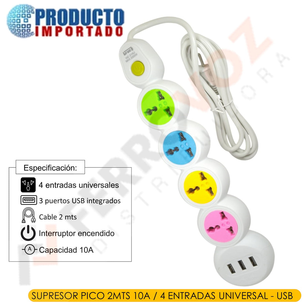 SUPRESOR PICO 3MTS 10A / 4 ENTRADAS UNIVERSAL - USB
