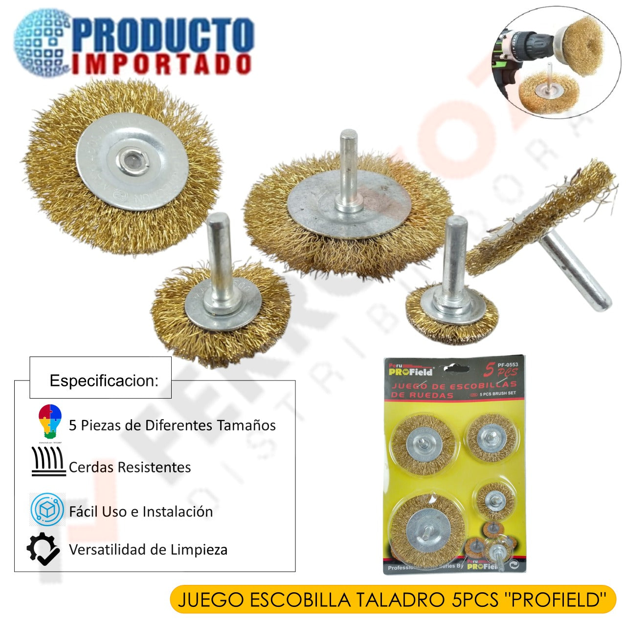 JUEGO ESCOBILLA TALADRO 5PCS "PROFIELD"