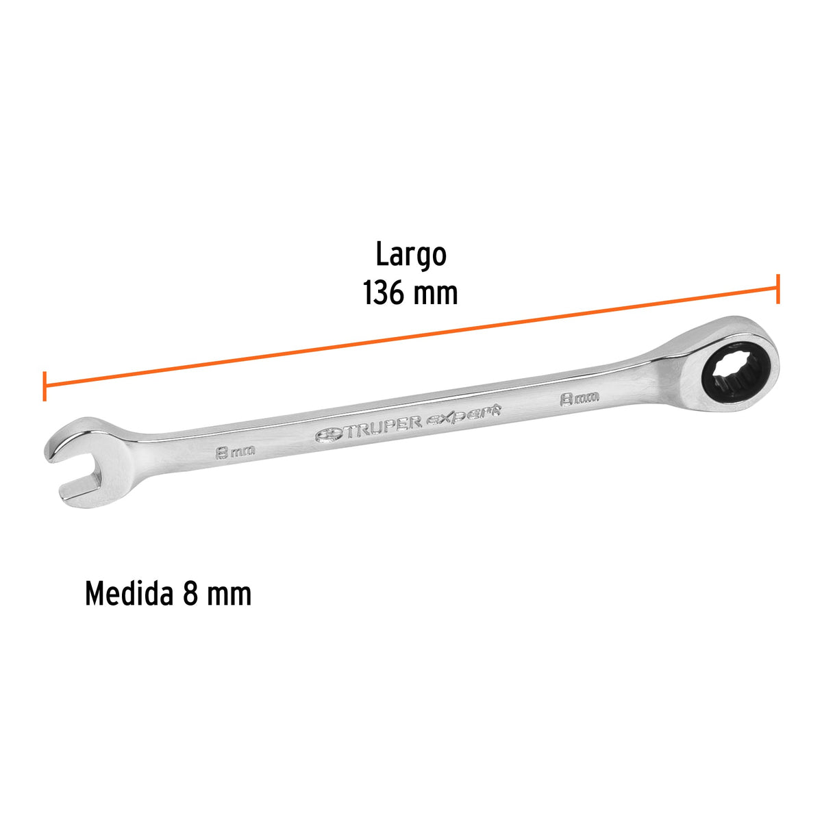 LLAVE COMBINADA CON MATRACA 8 MM X 136 MM LARGO, EXPERT