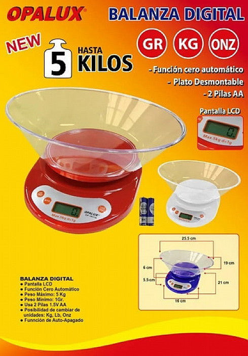 BALANZA DIGITAL GRAMERA COCINA "OPALUX" 5KG