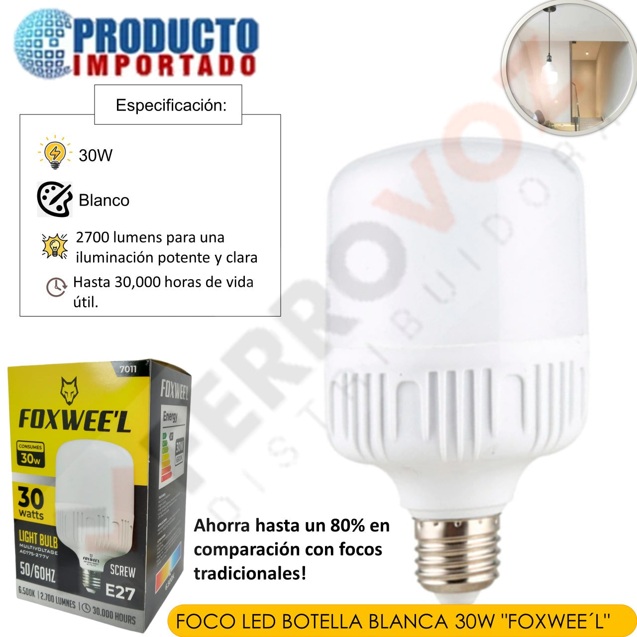 FOCO LED BOTELLA BLANCA 30W LUZ PE