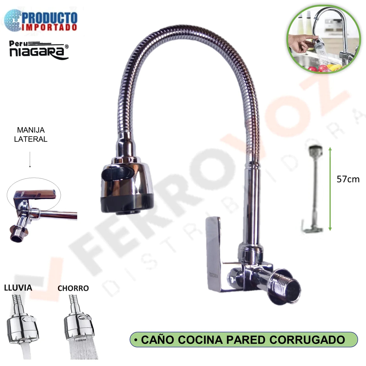 CAÑO COCINA PARED CORRUGADO MANIJA LATERAL "NIAGARA"