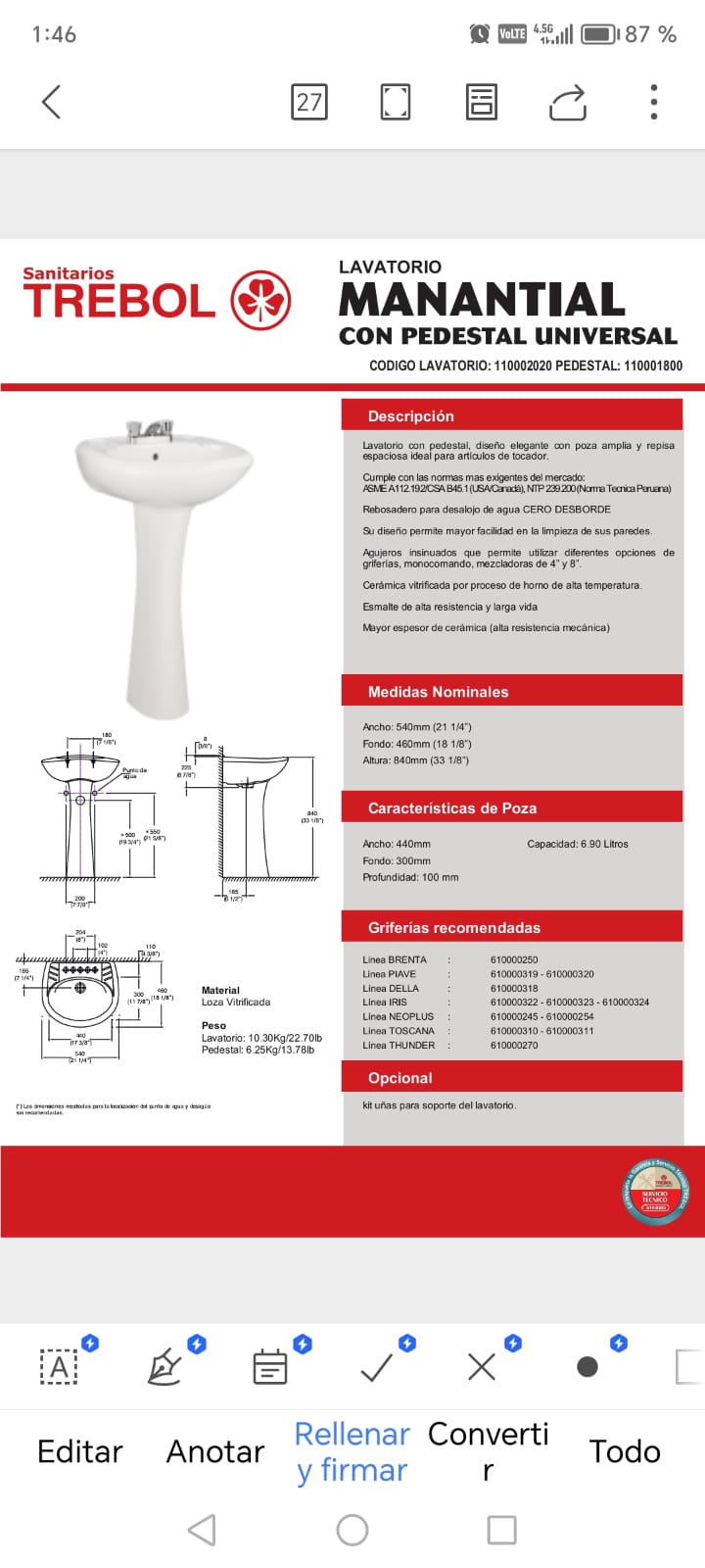 LAVATORIO MANANTIAL CON PEDESTAL UNIVERSAL "TREBOL"