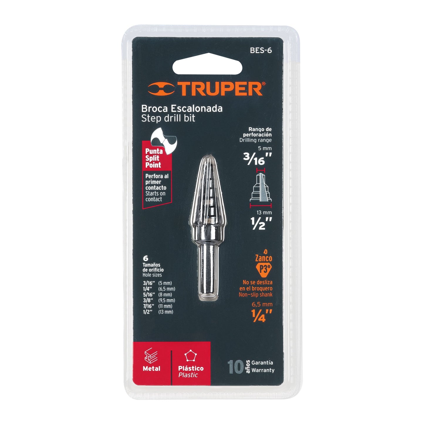 BROCA ESCALONADA OXIDO NEGRO ( 6 E ) 3/16" a 1/2” "TRUPER"