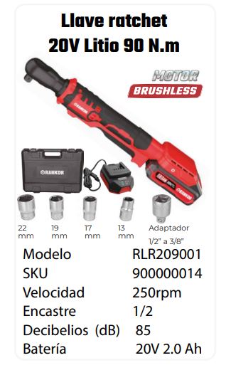 LLAVE RATCHET IMPACTO INALAMBRICA 90 NM CAÑO CORTO 1/2" 1 X BAT 2 AH RANKOR