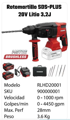 ROTOMARTILLO INALAMBRICO SDS PLUS 20V 2 X BAT 1000 RPM 3.6 KG RANKOR