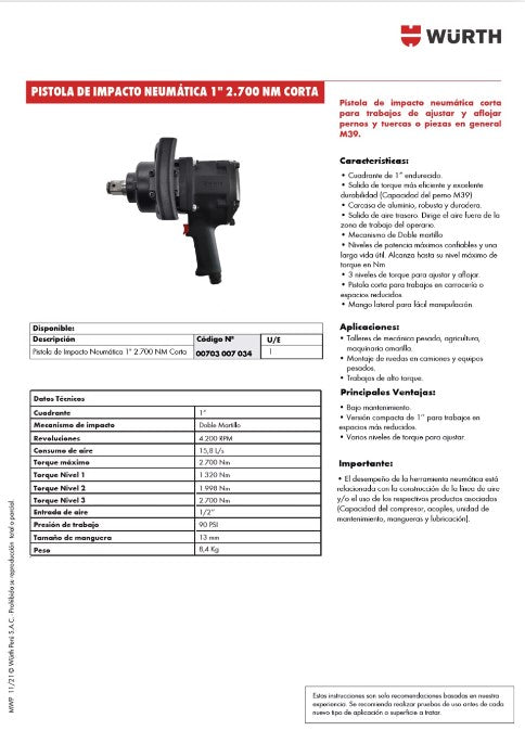 PISTOLA NEUMATICA 1" 2700 NM CORTA "WURTH"