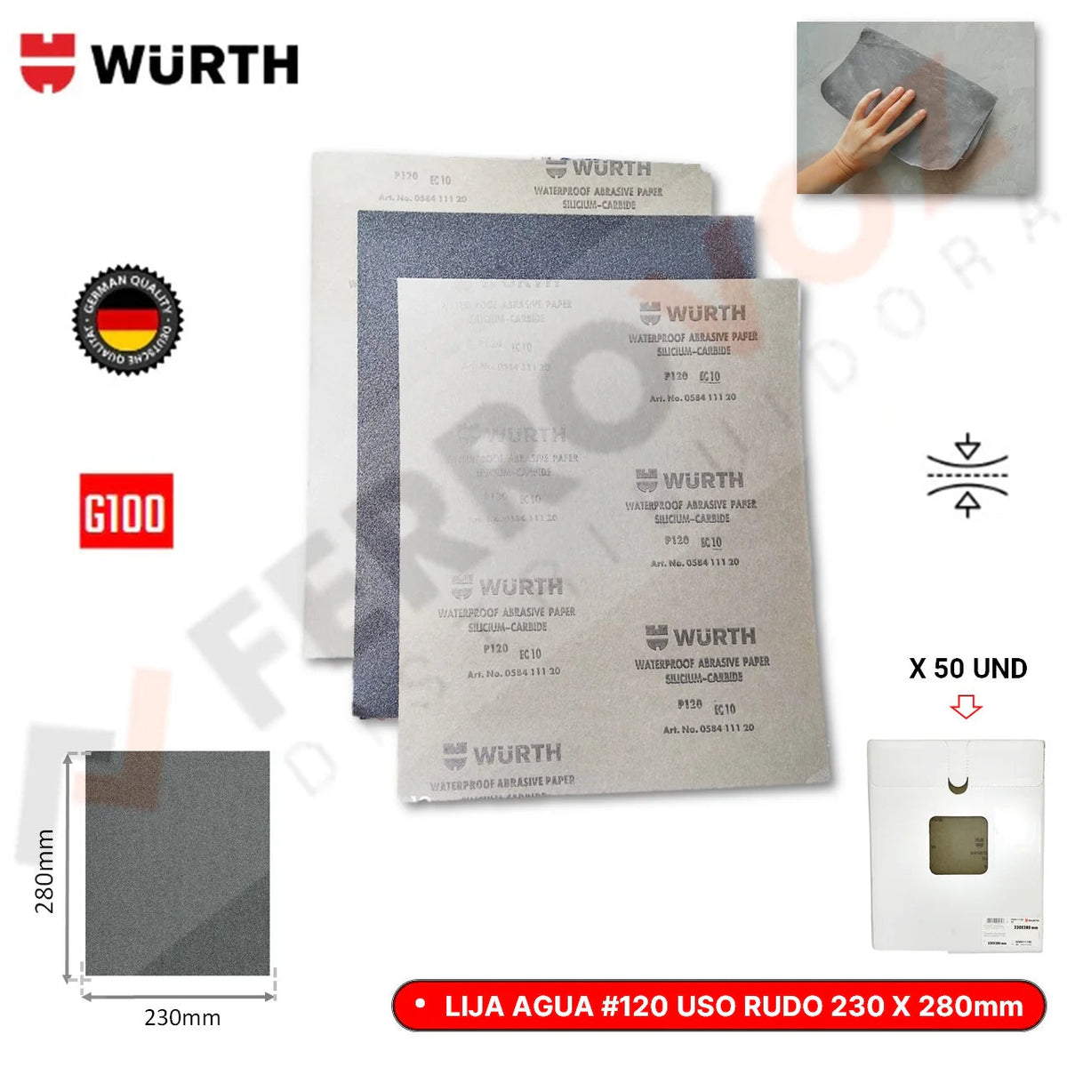 LIJA AGUA #150 USO RUDO WURTH 230 X 280MM( x UND )