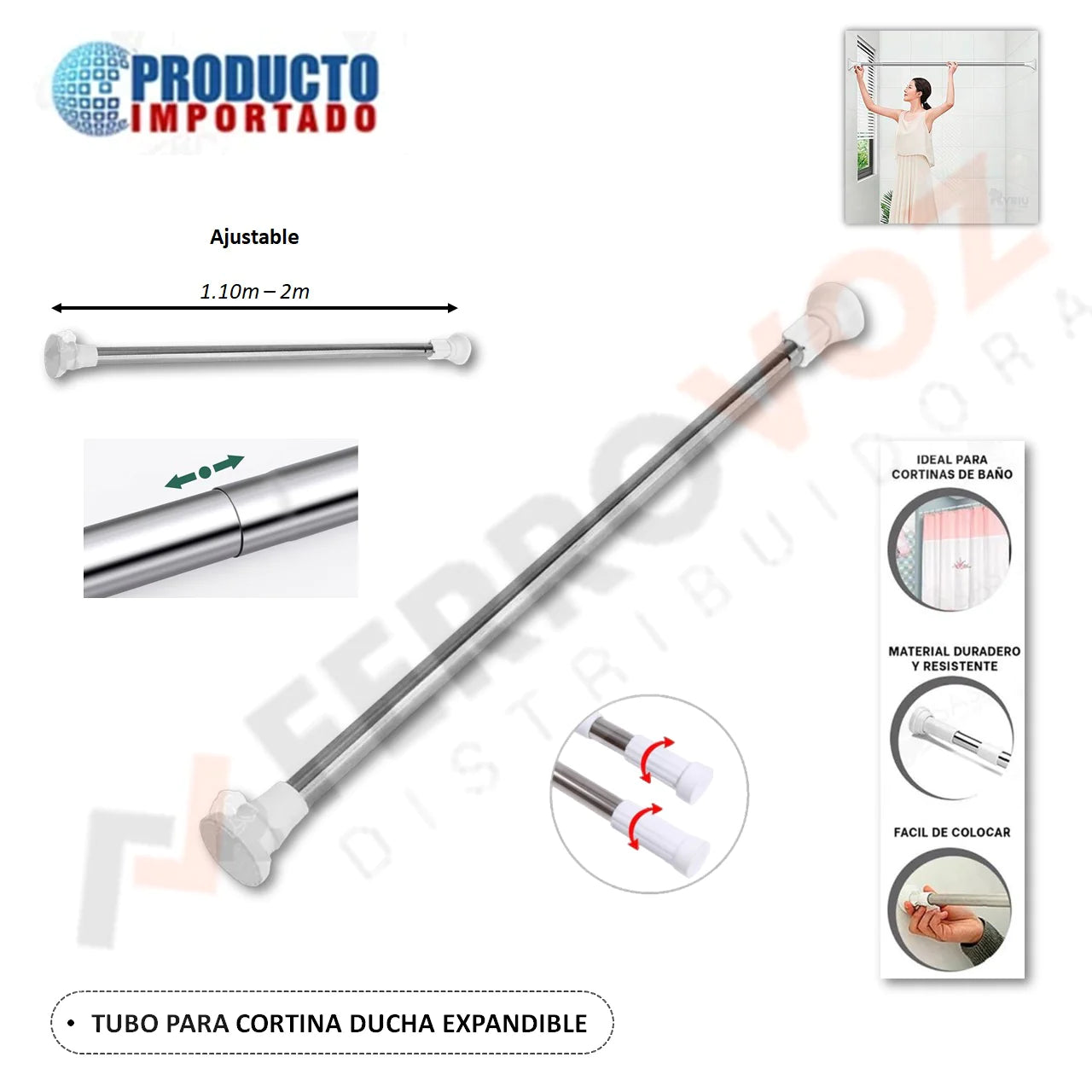 TUBO PARA CORTINA DUCHA EXPANDIBLE 1.10MT - 2MT