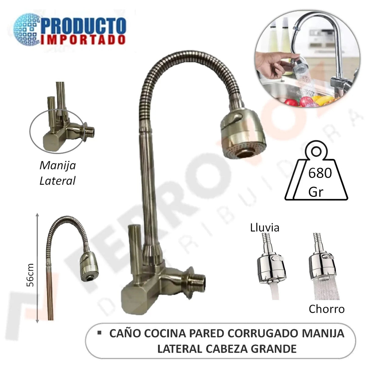 CAÑO COCINA PARED CORRUGADO MANIJA LATERAL CABEZA GRANDE MATE PESADO "NIAGARA"
