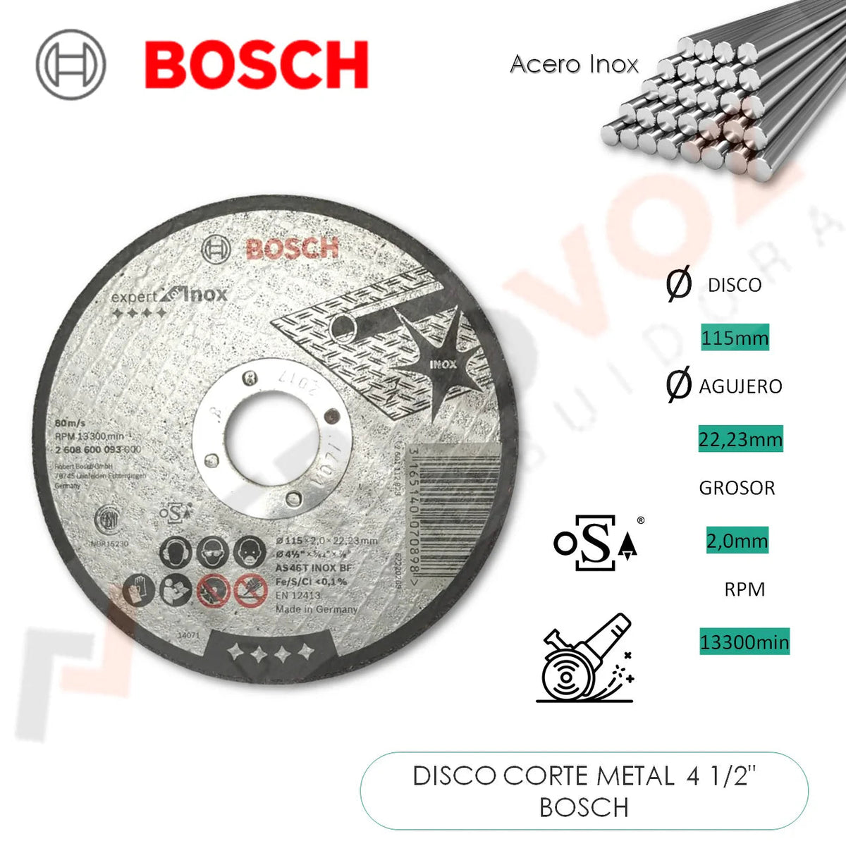 DISCO CORTE METAL / ACERO INOX. 4 1/2" 2 MM "BOSCH"