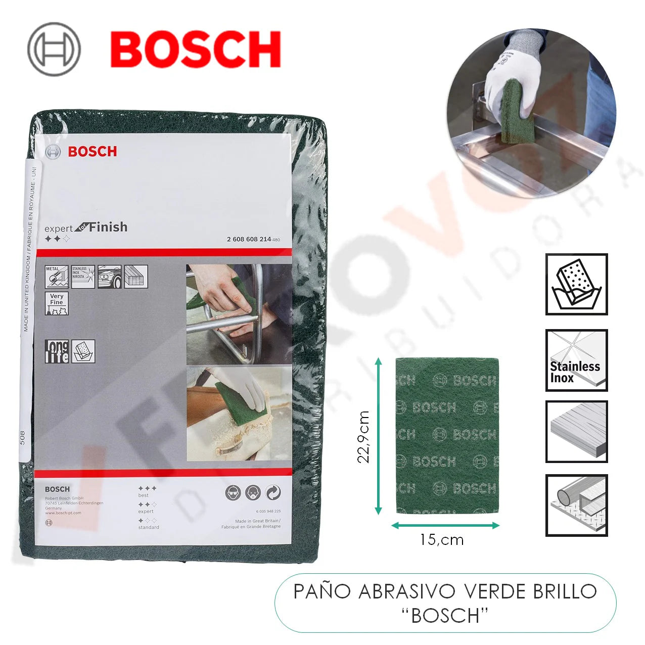 PAÑO PULIDOR ABRASIVO VERDE ACERO INOX " BOSCH "