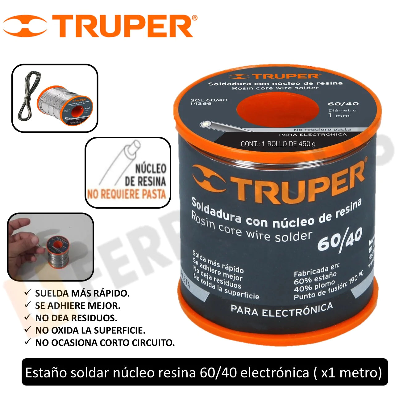 ESTAÑO SOLDAR NUCLEO RESINA 60/40 1MM X 450G ELECTRONICA ROLLO "TRUPER"