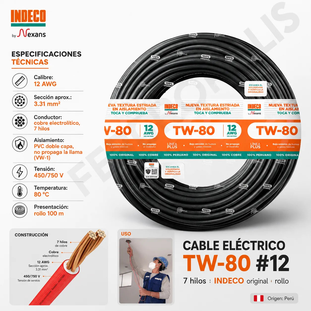 CABLE ELECTRICO #12 X 7 HILOS TW80 "INDECO" ORIGINAL ( X ROLLO )