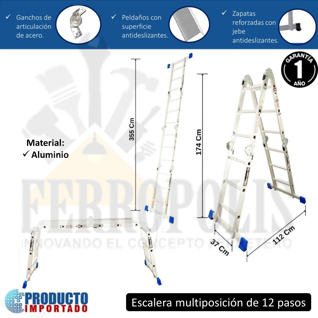 ESCALERA MULTIUSO MULTIPÓSICION 150 KG 12 PASOS ALUMINIO