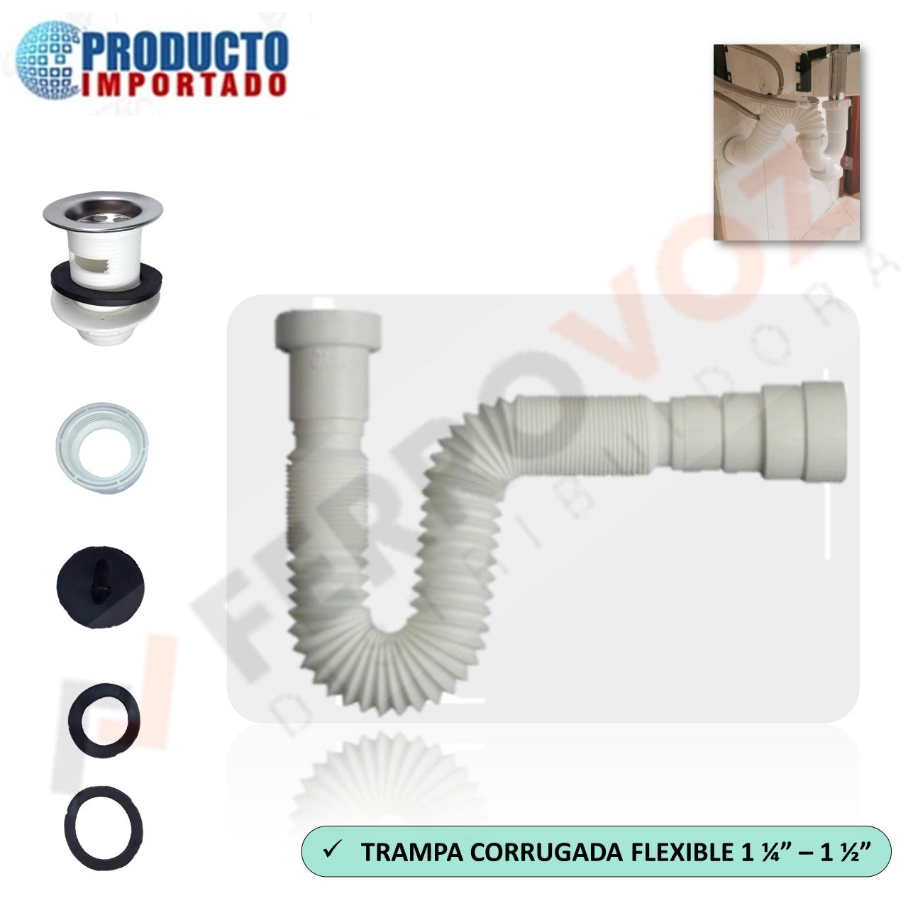 TRAMPA CORRUGADA FLEXIBLE 1 1/4"- 1 1/2" INCLUYE DESAGUE "ALFA"