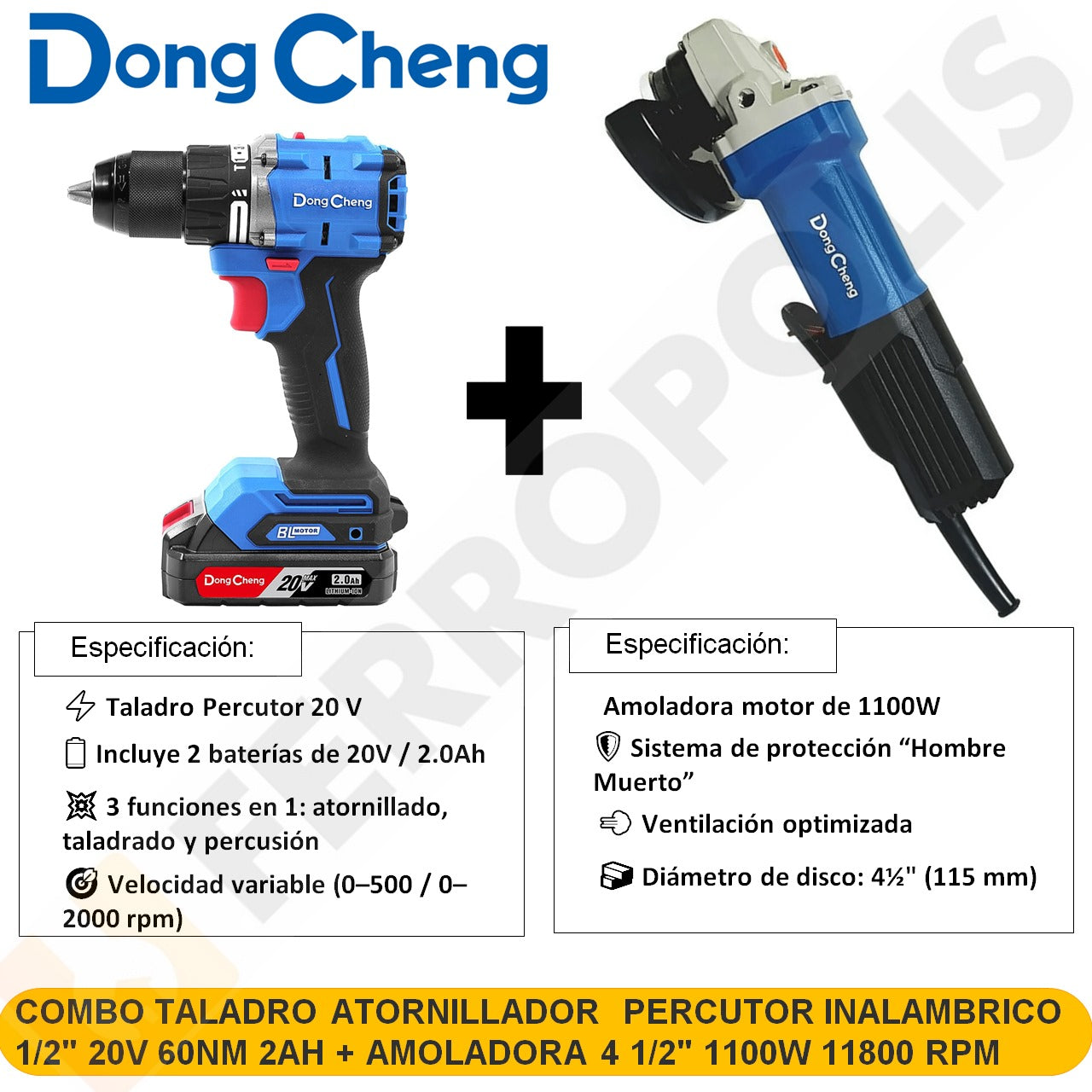 COMBO TALADRO ATORNILLADOR PERCUTOR INALAMBRICO 1/2"" 20V 60NM 2AH DCJ2060IAM+ AMOLADORA 4 1/2"" 1100W 11800 RPM HOMBRE MUERTO DSM17-115P DONGCHENG