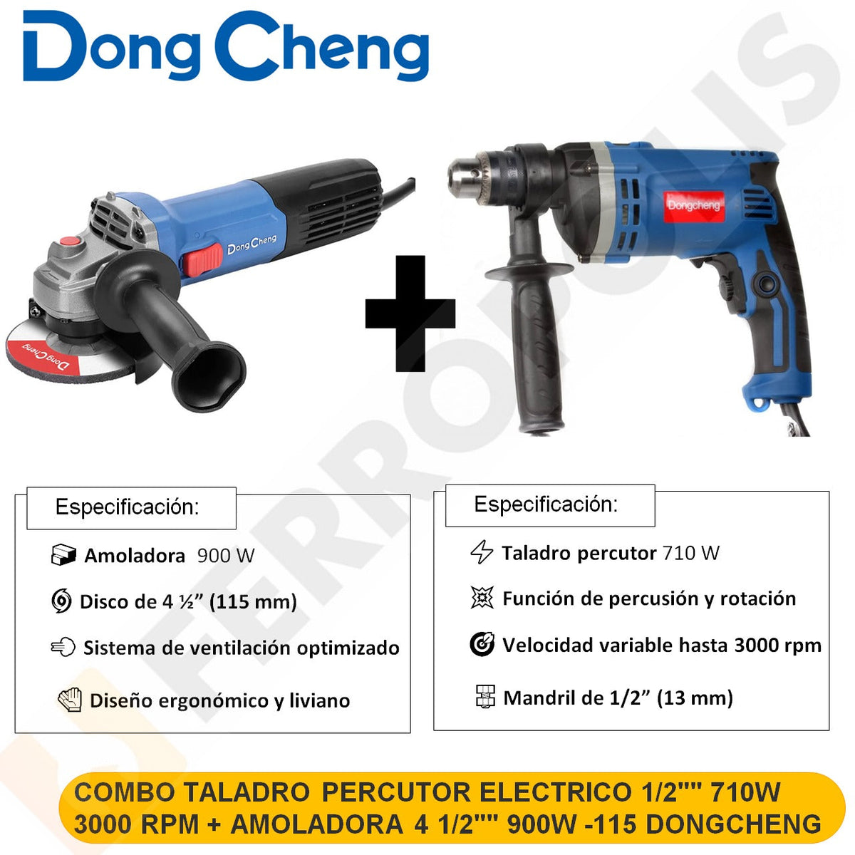 COMBO TALADRO PERCUTOR ELECTRICO 1/2"" 710W 3000 RPM DZJ16+ AMOLADORA 4 1/2"" 900W DSM21-115 DONGCHENG