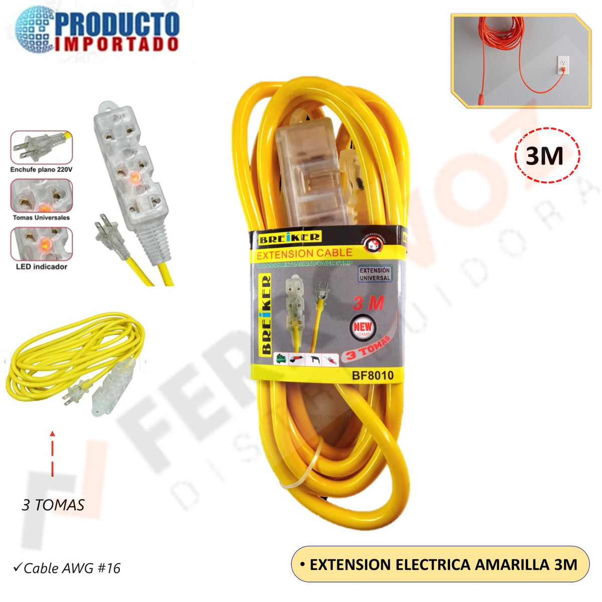 EXTENSION ELECTRICA AMARILLA 3 mt PREMIUN Ferropolis PERU