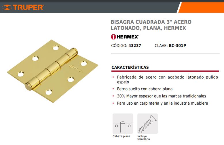 BISAGRA CAPUCHINA 3" x 3" USO RUDO "HERMEX" ( X PAR )