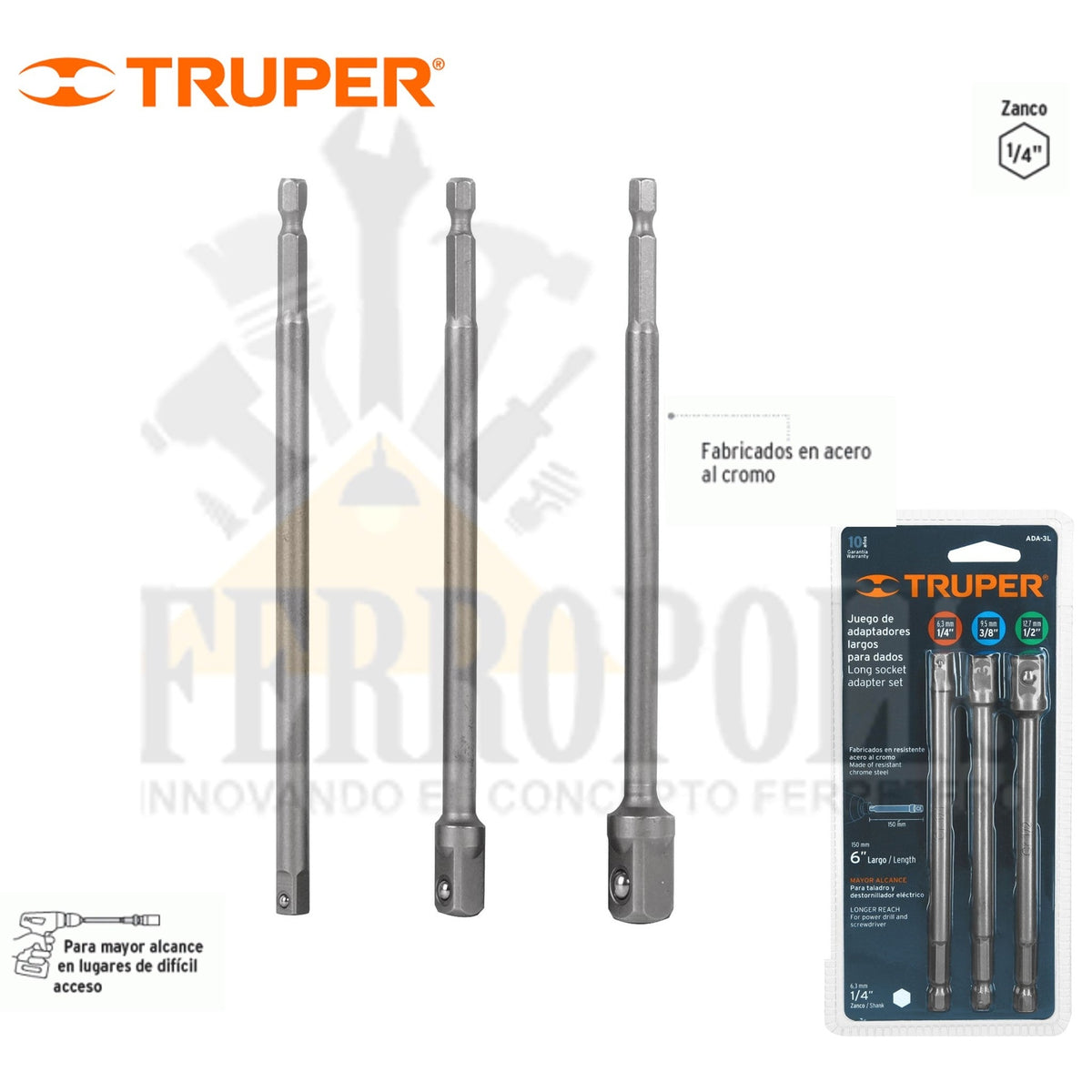 JUEGO ADAPTADORES LARGOS TALADRO A DADO 1/4 ,3/8 Y 1/2" (3 PCS) "TRUPER"
