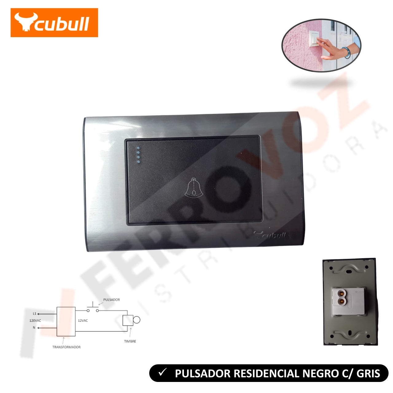 PULSADOR TIMBRE RESIDENCIAL DADO GRANDE P/EMPOTRAR