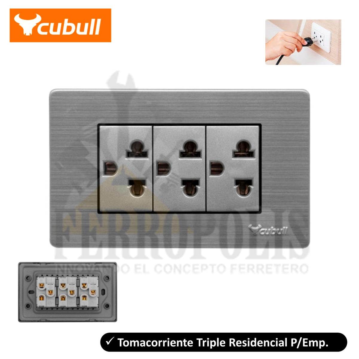 TOMACORRIENTE TRIPLE RESIDENCIAL TIERRA P/ EMPOTRAR "CUBULL"