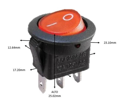 SWITCH LUMINOSO  REDONDO COLOR ROJO 6.5 A - 13 A
