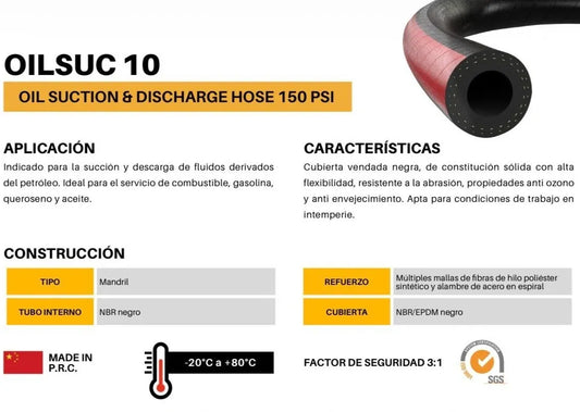 Manguera de 1-1/2" para combustible, tramo de 15 metros "EUROFLEX" incluye lo termianles prensados de 1-1/2" NPT