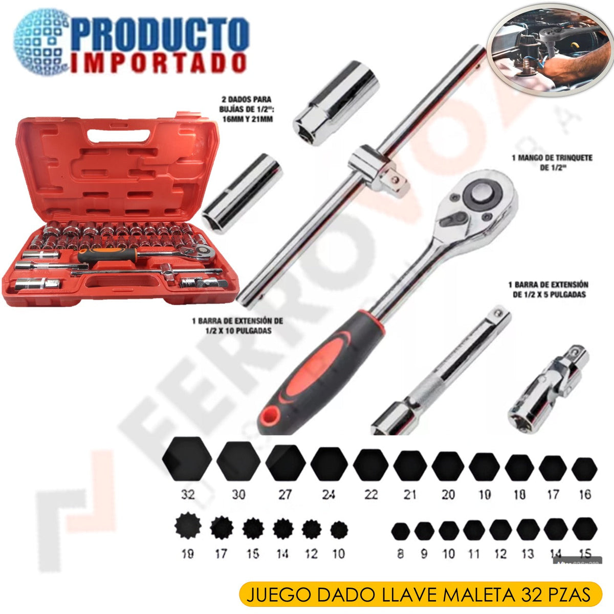 JUEGO DADO LLAVE MALETA 32 PZAS
