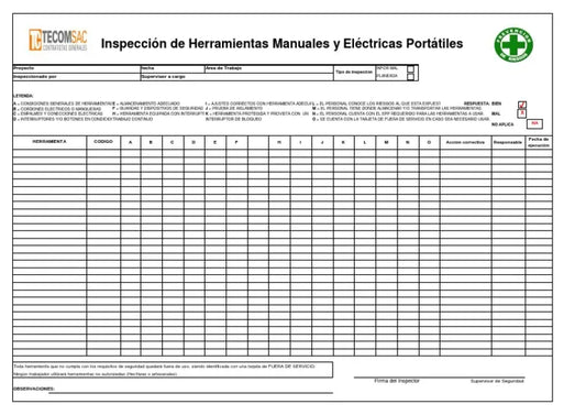 TARJETA CONTROL HERRAMIENTA Y EPP A3 (42 cm x 30 cm ) IMPRESION CARTOON PLASTIFICADO  FOLKOTE CAL. 14