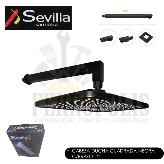 CABEZA DUCHA CUADRADA NEGRA C/BRAZO 12"  "SEVILLA"
