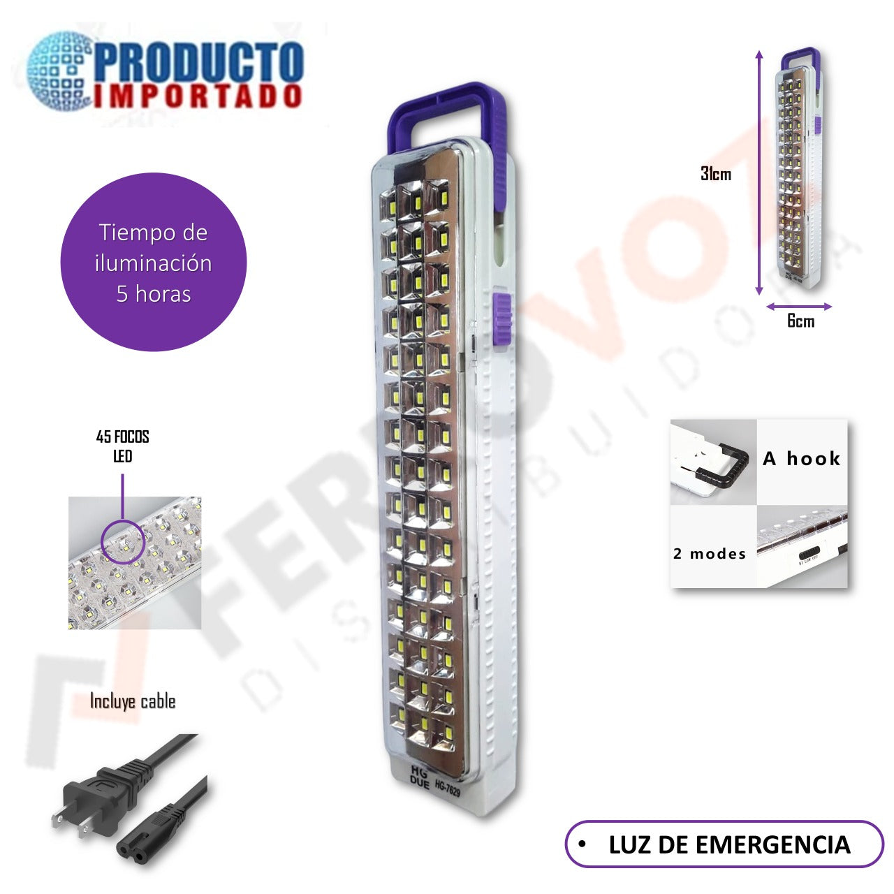 LUZ  EMERGENCIA LED 5 HORAS 31CM largo - 45 SMD