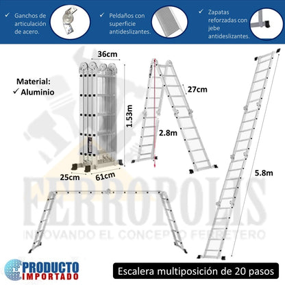 ESCALERA MULTIUSO MULTIPÓSICION 150 Kg - 20 Pasos ALUMINIO