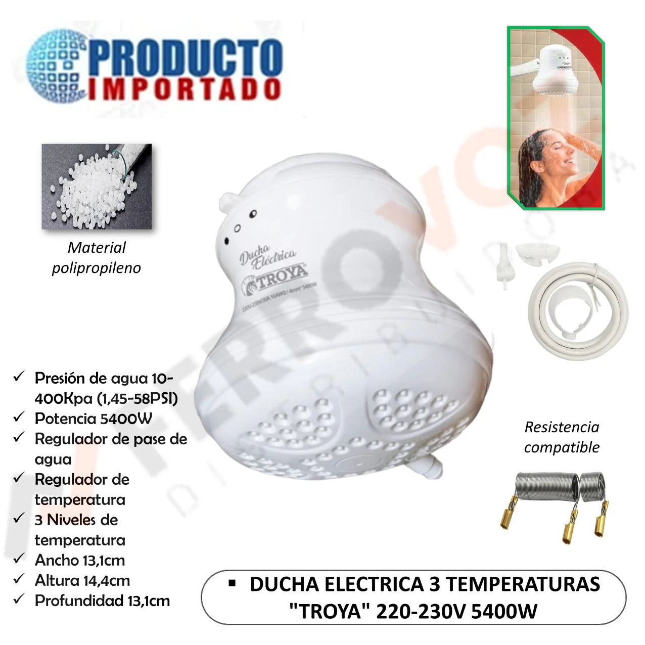 DUCHA ELECTRICA 3 TEMPERATURAS "TROYA" 220-230V 5400W
