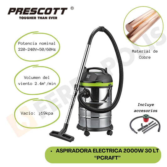 ALQUILER ASPIRADORA ELECTRICA 2000W 30 LT SECO Y MOJADO 100% COBRE  "PCRAFT"