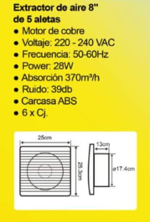EXTRACTOR DE AIRE 6" 370 m3 x hora 28 W "OPALUX"