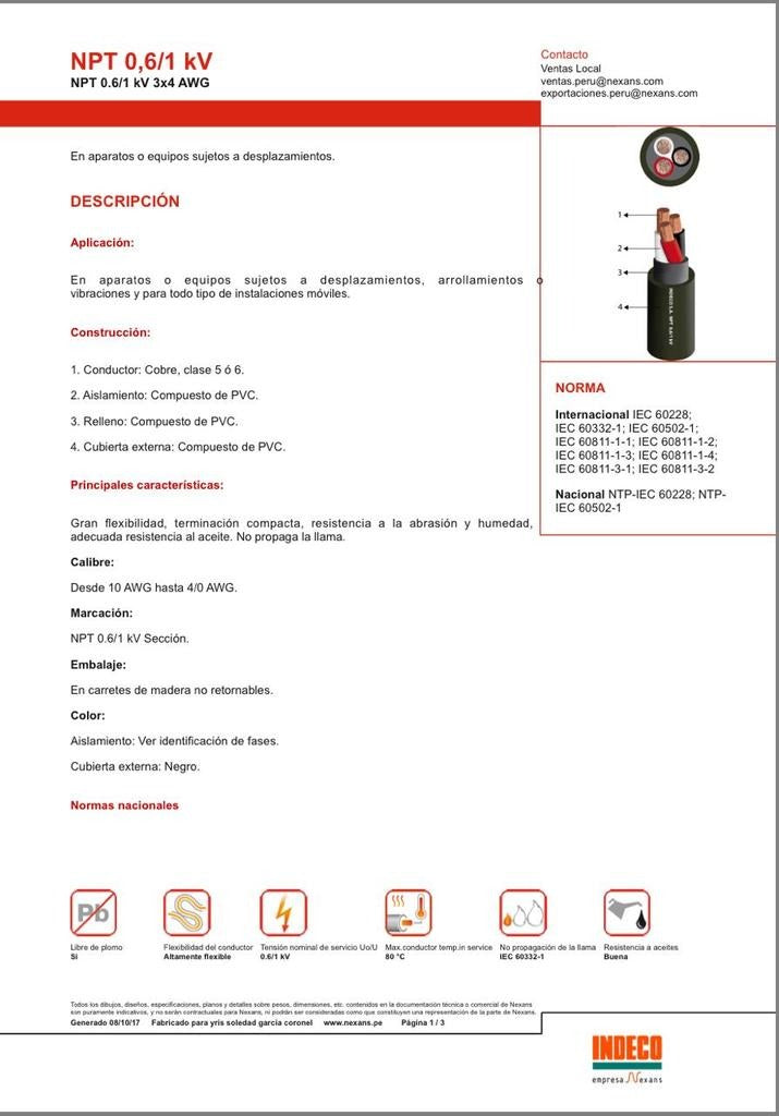 CABLE VULCANIZADOS NPT  0.6/1 KV 3 X 4 AWG " INDECO "