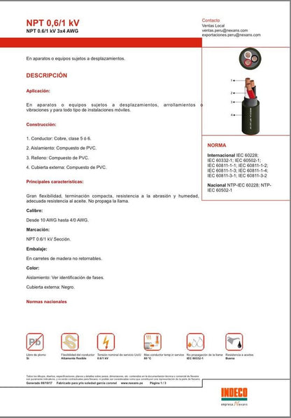 CABLE VULCANIZADOS NPT  0.6/1 KV 3 X 4 AWG " INDECO "