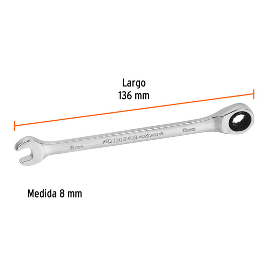 LLAVE COMBINADA CON MATRACA 8 MM X 136 MM LARGO, EXPERT