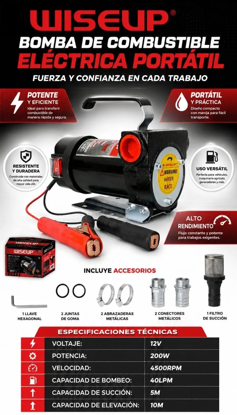 BOMBA DE COMBUSTIBLE ELECTRICA PORTATIL 12V "WISE UP"