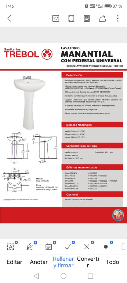 LAVATORIO MANANTIAL CON PEDESTAL UNIVERSAL "TREBOL"