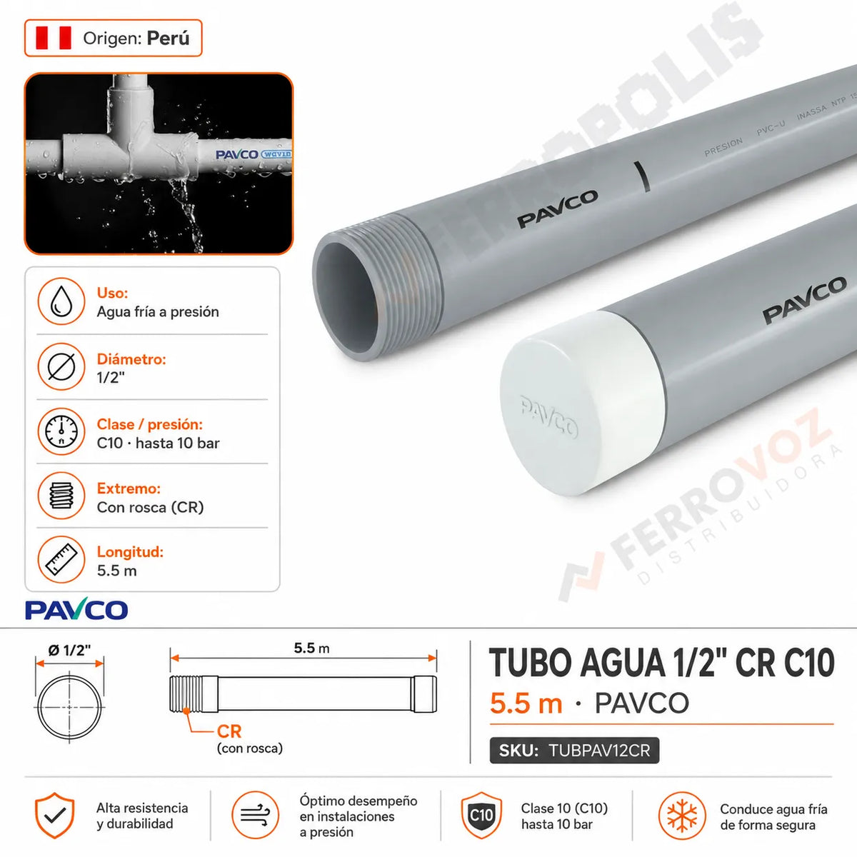 TUBO AGUA 1/2" CR C10 5.5 mt  "PAVCO"