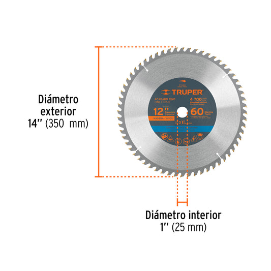 DISCO MADERA 12"  60 DIENTES CENTRO 1" TRUPER