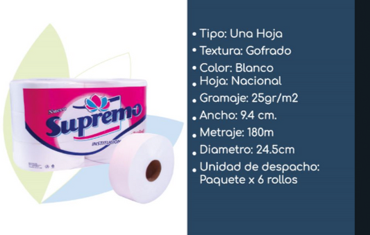 PAPEL HIGIENICO (USO EN DISPENSADOR) x 6 UNI X 180MT"SUPREME"